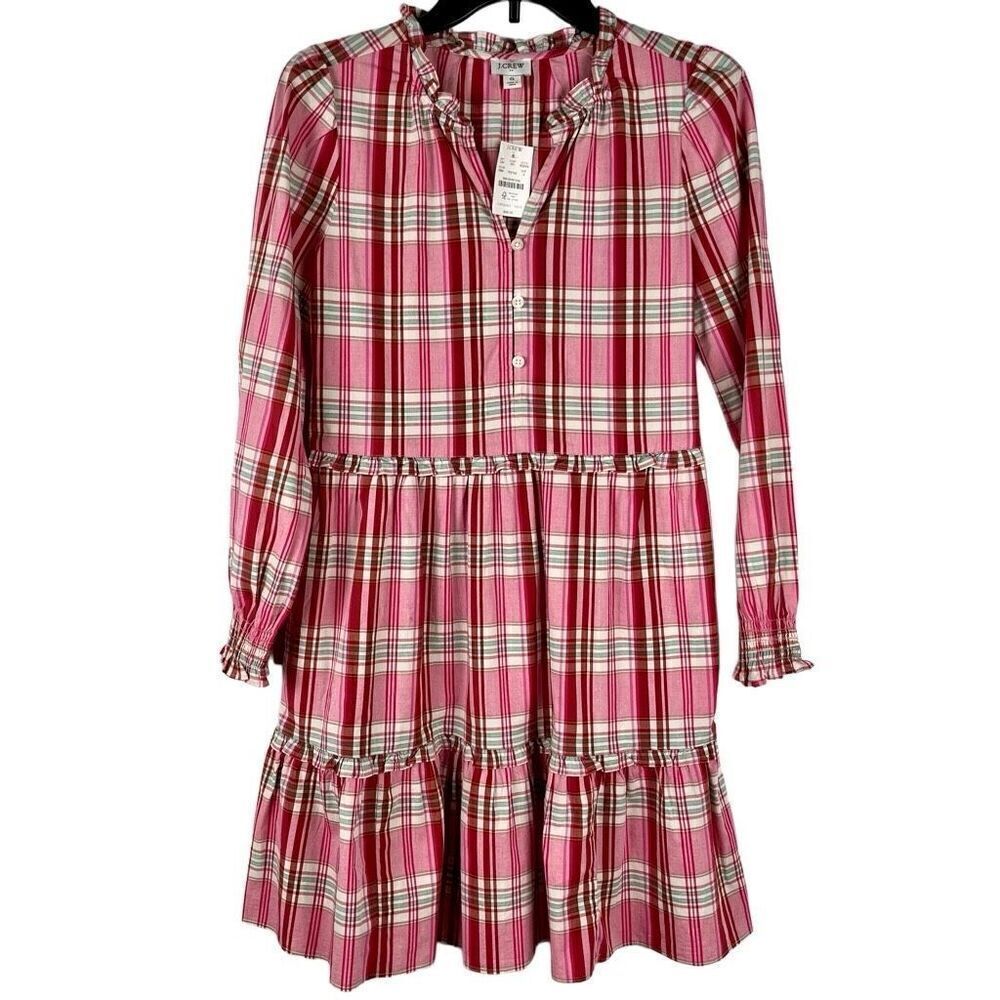 NWT J. Crew Plaid Ruffle V-neck Long Sleeve Dress 0